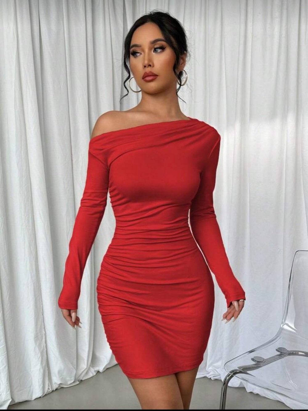 Off-Shoulder Long Sleeve Red Bodycon Dress